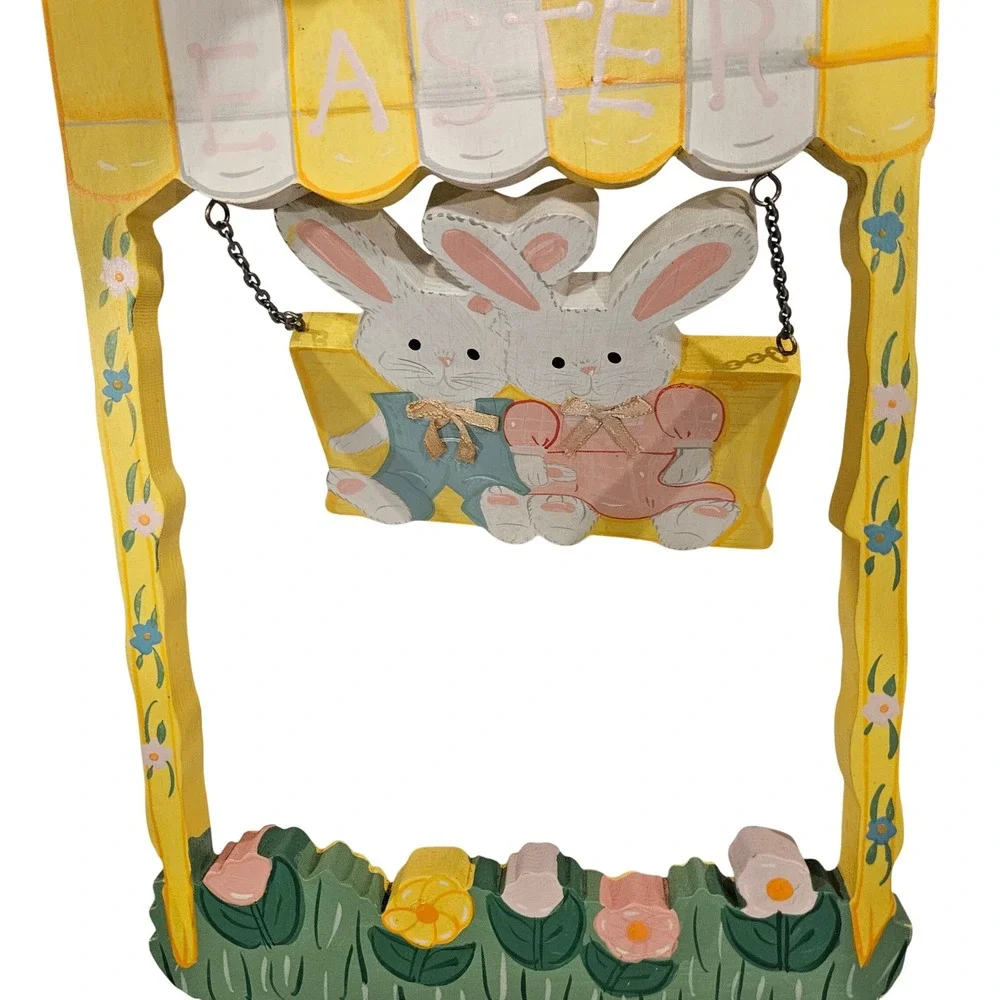 Vintage Happy Easter Wooden Bunny Swing Decor Sign‎ yellow pink studio 11 unique